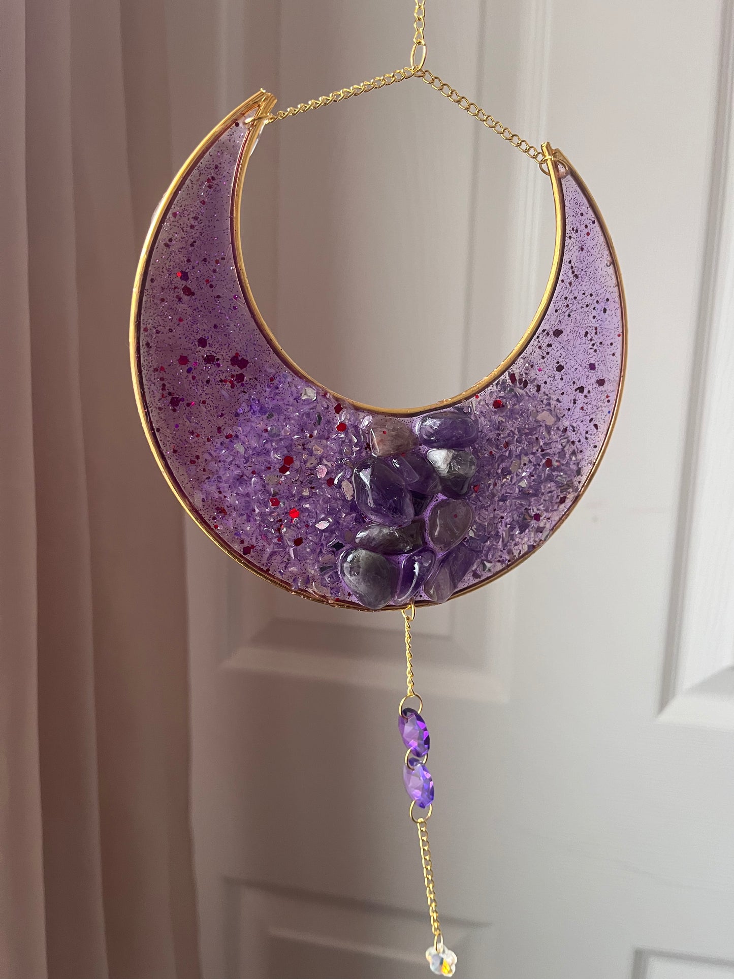 Amethyst crescent moon suncatcher with crystal accents