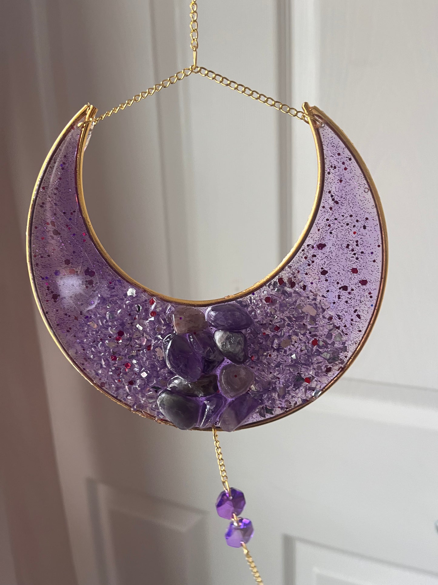 Amethyst crescent moon suncatcher with crystal accents