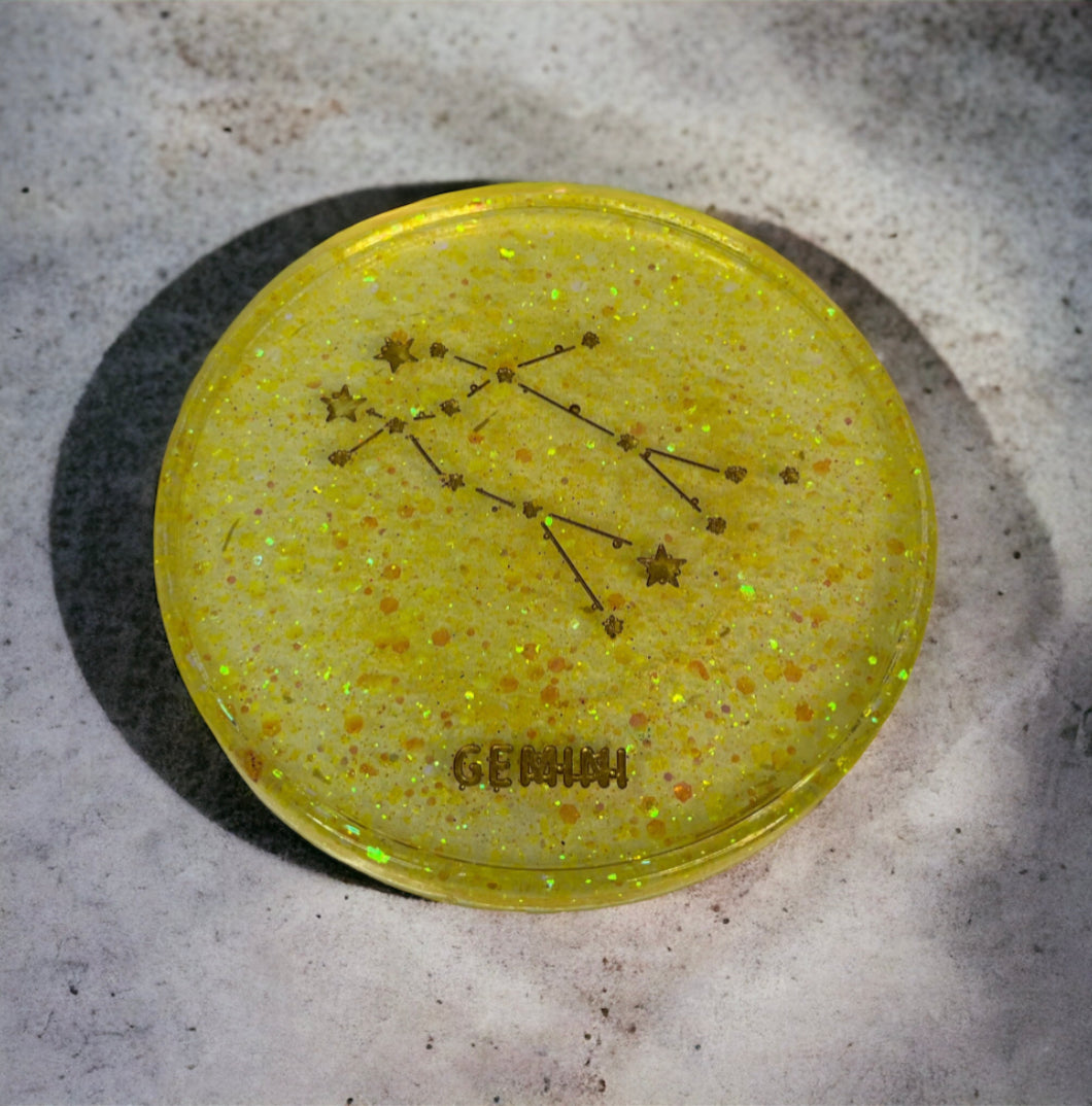 Gemini Zodiac Coaster with vibrant yellow resin design