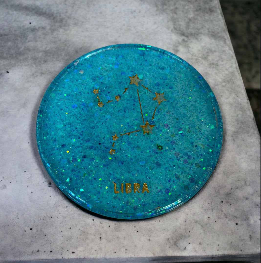 Libra Zodiac Coaster with blue resin and gold constellation