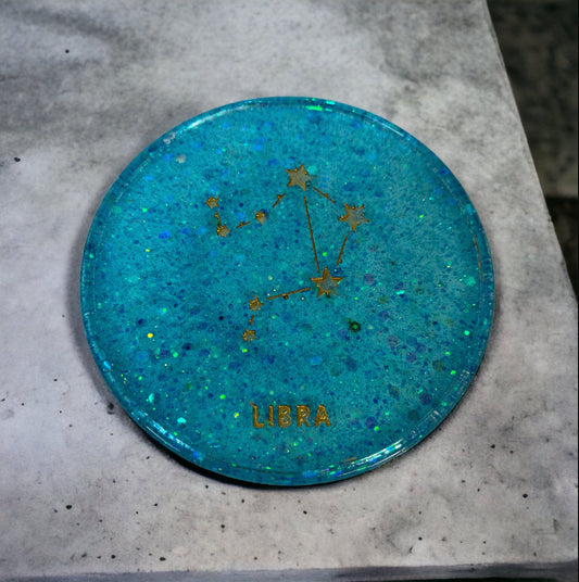 Libra Zodiac Coaster with blue resin and gold constellation