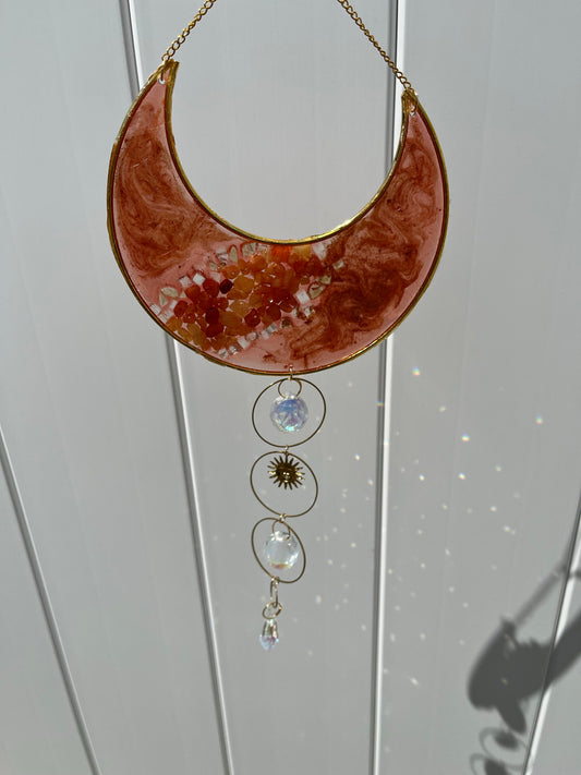 Carnelian crescent moon suncatcher with crystal accents